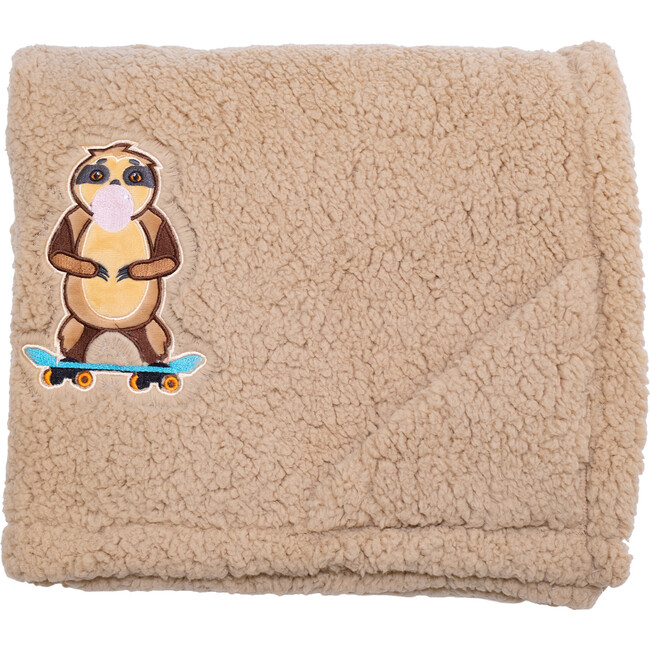 Cozy Switch Blanket Reversible Sherpa & Mink Fleece Blanket with Embroidered Appliqué, Curry Skating Sloth - Blankets - 3