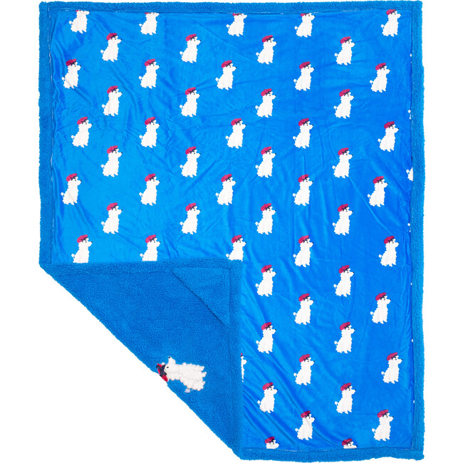 Cozy Switch Blanket Reversible Sherpa & Mink Fleece Blanket with Embroidered Appliqué, Brilliant Blue Poodles