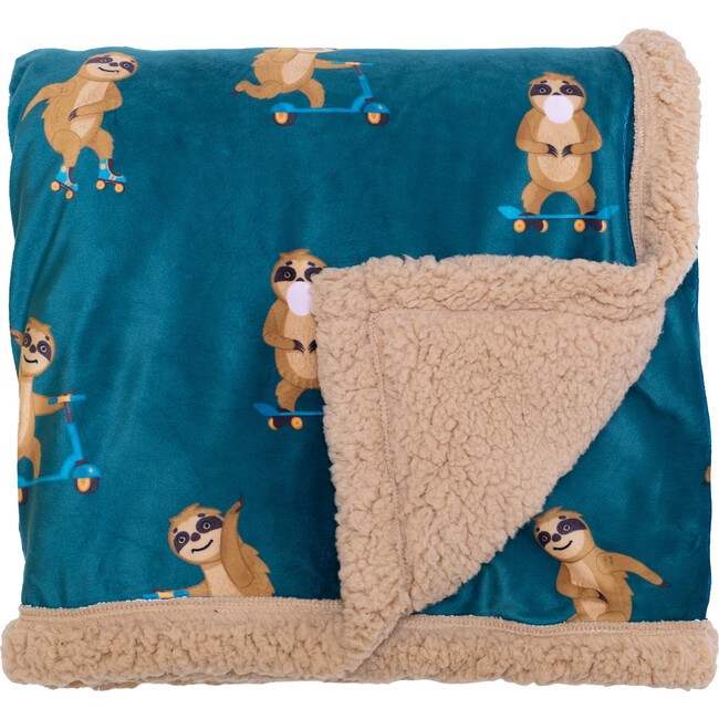 Cozy Switch Blanket Reversible Sherpa & Mink Fleece Blanket with Embroidered Appliqué, Curry Skating Sloth - Blankets - 4