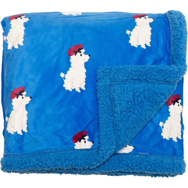 Cozy Switch Blanket Reversible Sherpa & Mink Fleece Blanket with Embroidered Appliqué, Brilliant Blue Poodles - Blankets - 4