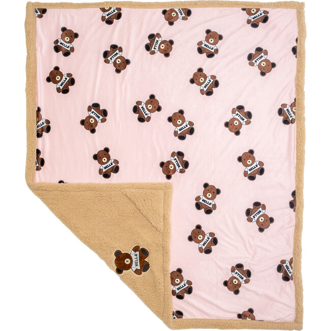 Cozy Switch Blanket Reversible Sherpa & Mink Fleece Blanket with Embroidered Appliqué, Irish Cream Teddy Bears