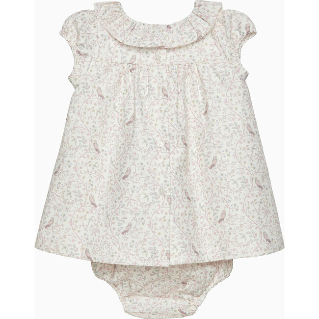 Owl Smocked Dress, White/Pink