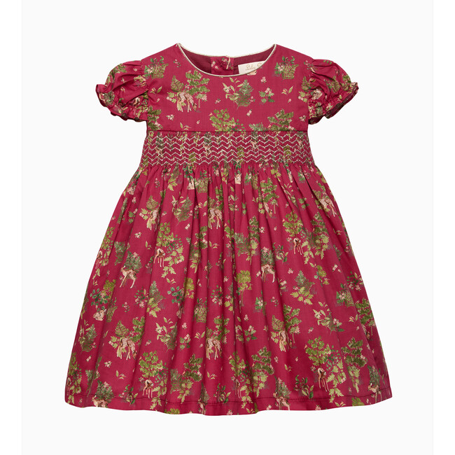 Kids Fawn Smocked Party Dress, Red Fawn