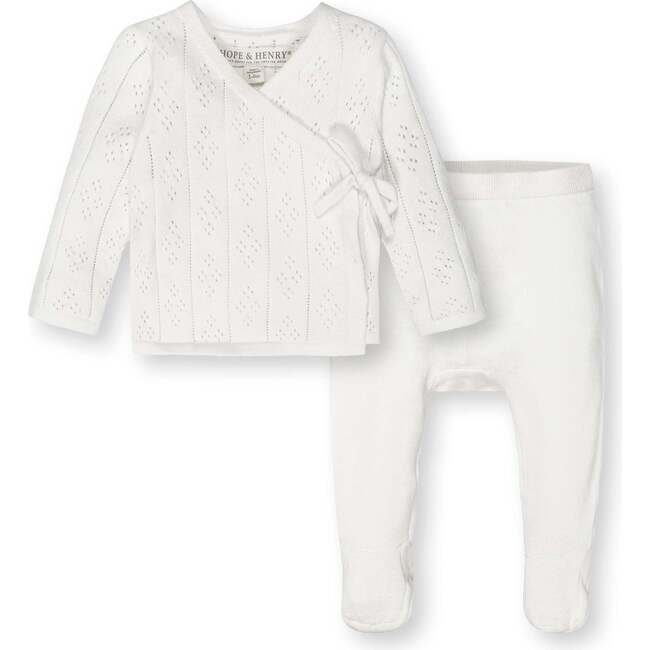 Organic Long Sleeve Pointelle Wrap Sweater & Footed Legging Set, Soft White Pointelle - Mixed Apparel Set - 1
