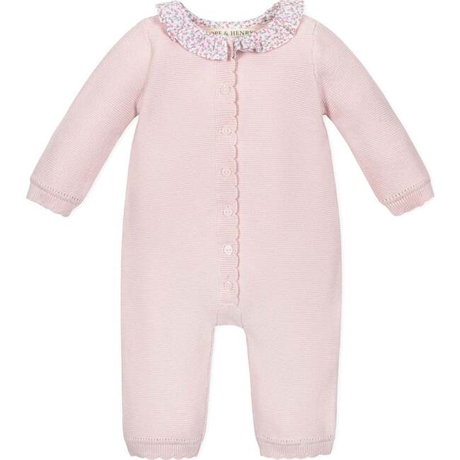 Organic Ruffle Collar Button Front Sweater Romper, Pale Pink Seed Stitch - Rompers - 1
