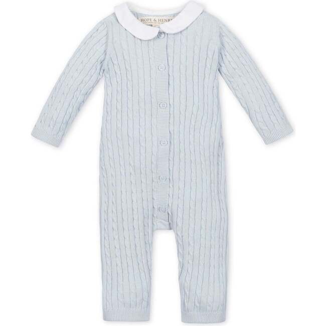 Organic Peter Pan Collar Button Front Sweater Romper, Airy Blue Cable - Rompers - 1