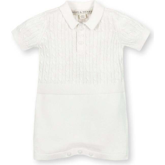 Organic Short Sleeve Cable Knit Sweater Romper, Soft White Cable - Rompers - 1