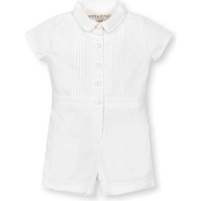 Short Sleeve Linen Pintuck Button Front Romper, Soft White Pintuck - Rompers - 1