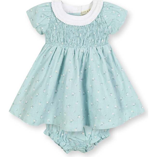 Short Sleeve Linen Dress with Ruffle Collar, Tea Room Floral - Dresses - 1