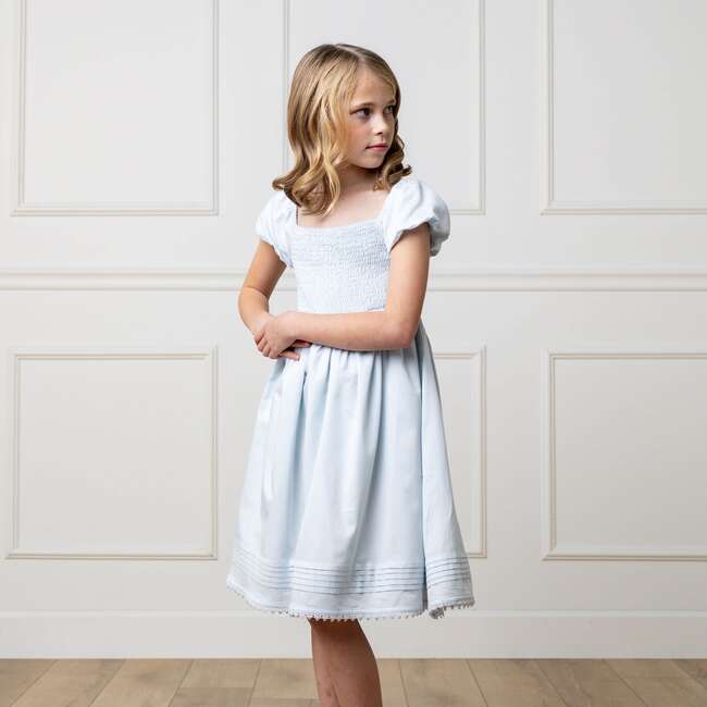 Organic Sateen Cap Sleeve Special Occasion Smocked Flower Girl Dress, Airy Blue - Dresses - 3