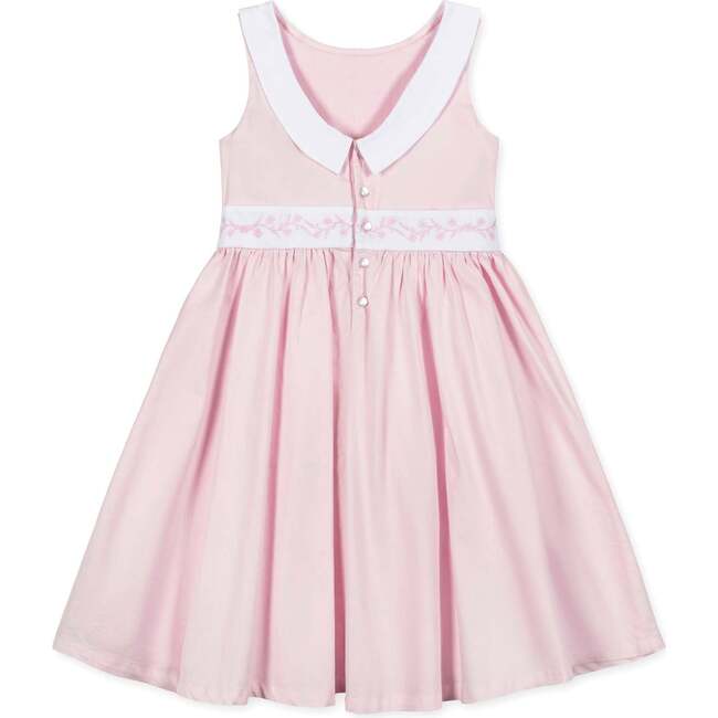 Organic Round Collar Sateen Party Dress with Embroidered Sash, Pale Pink - Dresses - 2