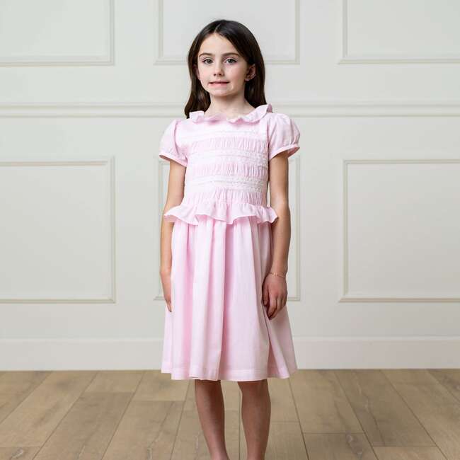 Organic Puff Sleeve Smocked Party Dress with Ruffle Collar, Pale Pink - Dresses - 3