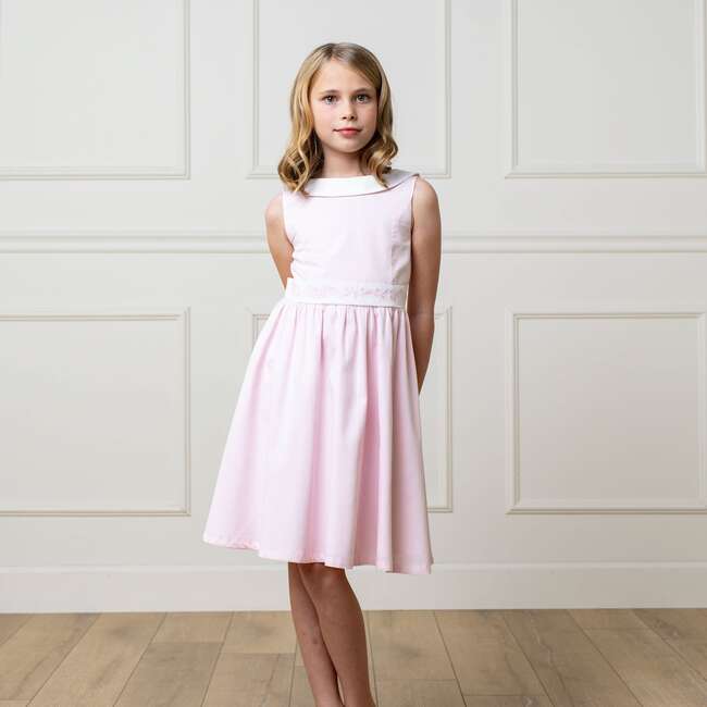 Organic Round Collar Sateen Party Dress with Embroidered Sash, Pale Pink - Dresses - 3
