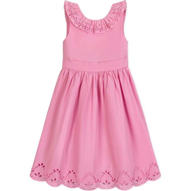 Organic Ruffle Collar Party Dress with Eyelet Embroidery, Classic Pink - Dresses - 1