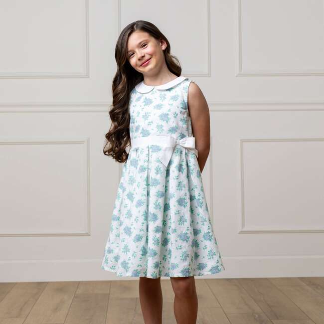Linen Sleeveless Peter Pan Collar Tea Dress with Waist Sash, Coastal Cottage Floral - Dresses - 3