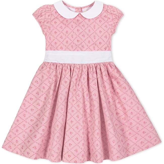 Organic Short Sleeve Sateen Dress with Peter Pan Collar, Pink Lattice Floral - Dresses - 1