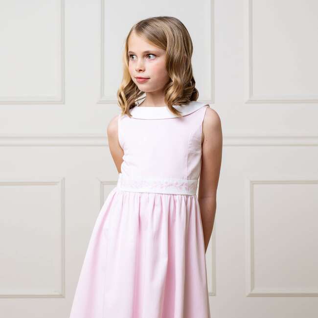 Organic Round Collar Sateen Party Dress with Embroidered Sash, Pale Pink - Dresses - 4