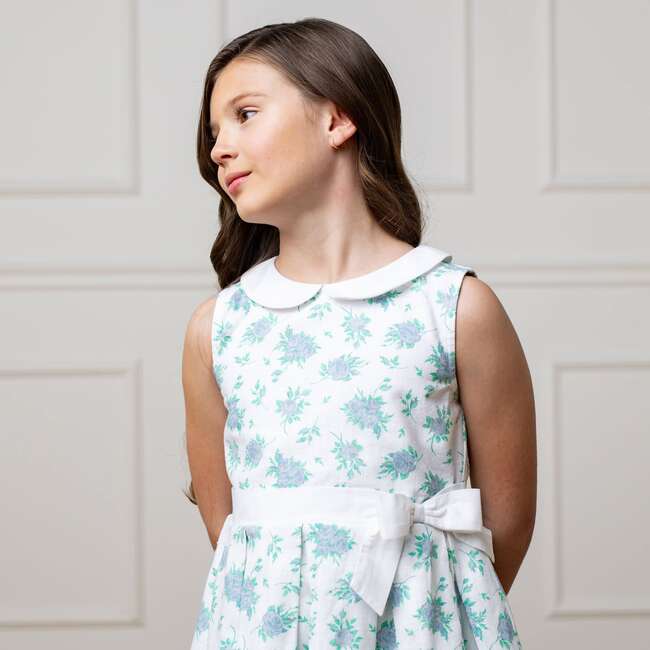 Linen Sleeveless Peter Pan Collar Tea Dress with Waist Sash, Coastal Cottage Floral - Dresses - 4
