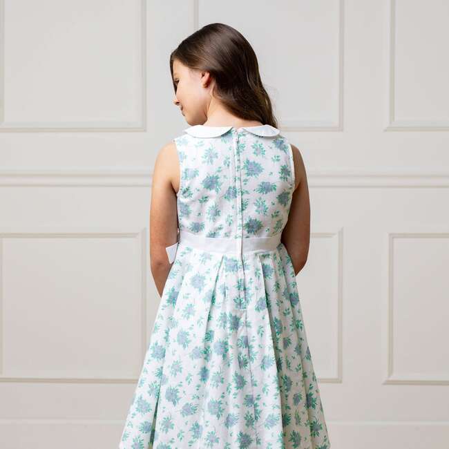 Linen Sleeveless Peter Pan Collar Tea Dress with Waist Sash, Coastal Cottage Floral - Dresses - 5