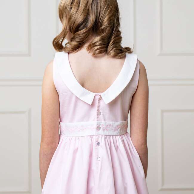 Organic Round Collar Sateen Party Dress with Embroidered Sash, Pale Pink - Dresses - 5