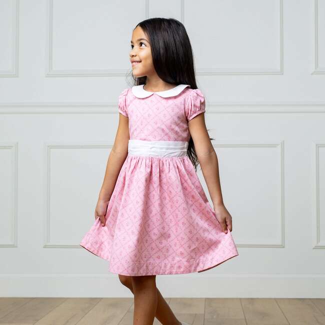 Organic Short Sleeve Sateen Dress with Peter Pan Collar, Pink Lattice Floral - Dresses - 3