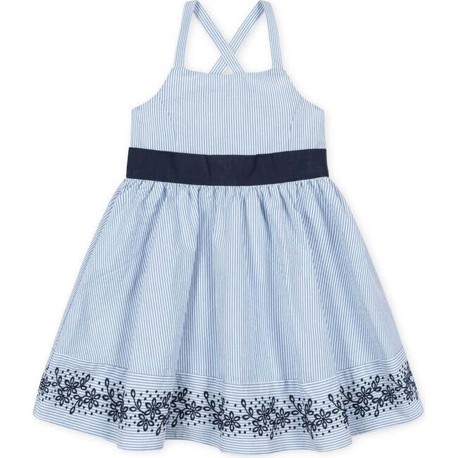 Organic Sleeveless Special Occasion Sundress with Bow Back Detail and Embroidery, Blue Seersucker - Dresses - 1
