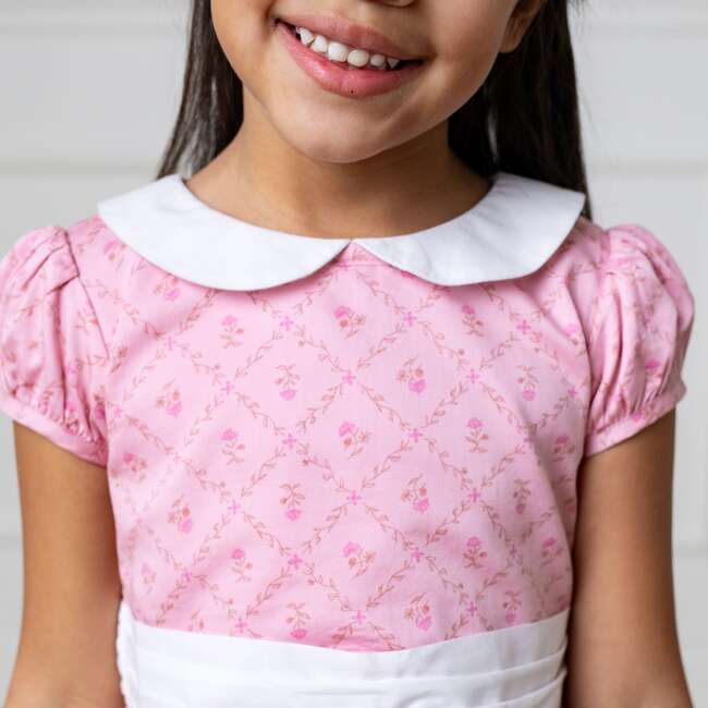 Organic Short Sleeve Sateen Dress with Peter Pan Collar, Pink Lattice Floral - Dresses - 4