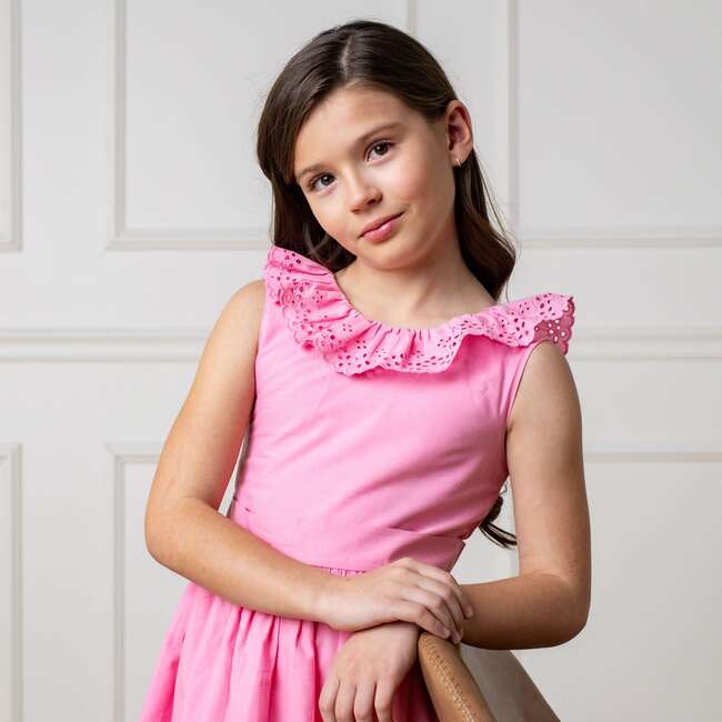 Organic Ruffle Collar Party Dress with Eyelet Embroidery, Classic Pink - Dresses - 4