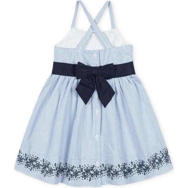 Organic Sleeveless Special Occasion Sundress with Bow Back Detail and Embroidery, Blue Seersucker - Dresses - 2