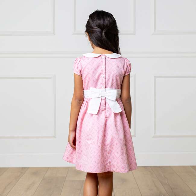 Organic Short Sleeve Sateen Dress with Peter Pan Collar, Pink Lattice Floral - Dresses - 5