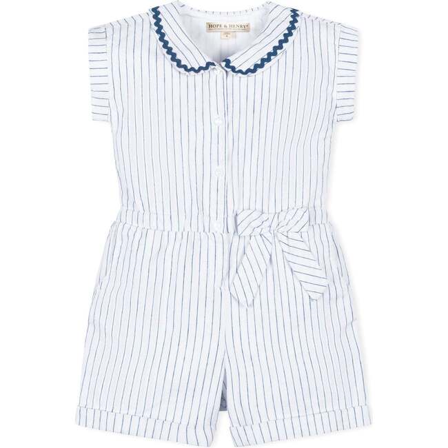 Linen Peter Pan Collar Button Front Romper, White Court Pinstripe - Rompers - 1