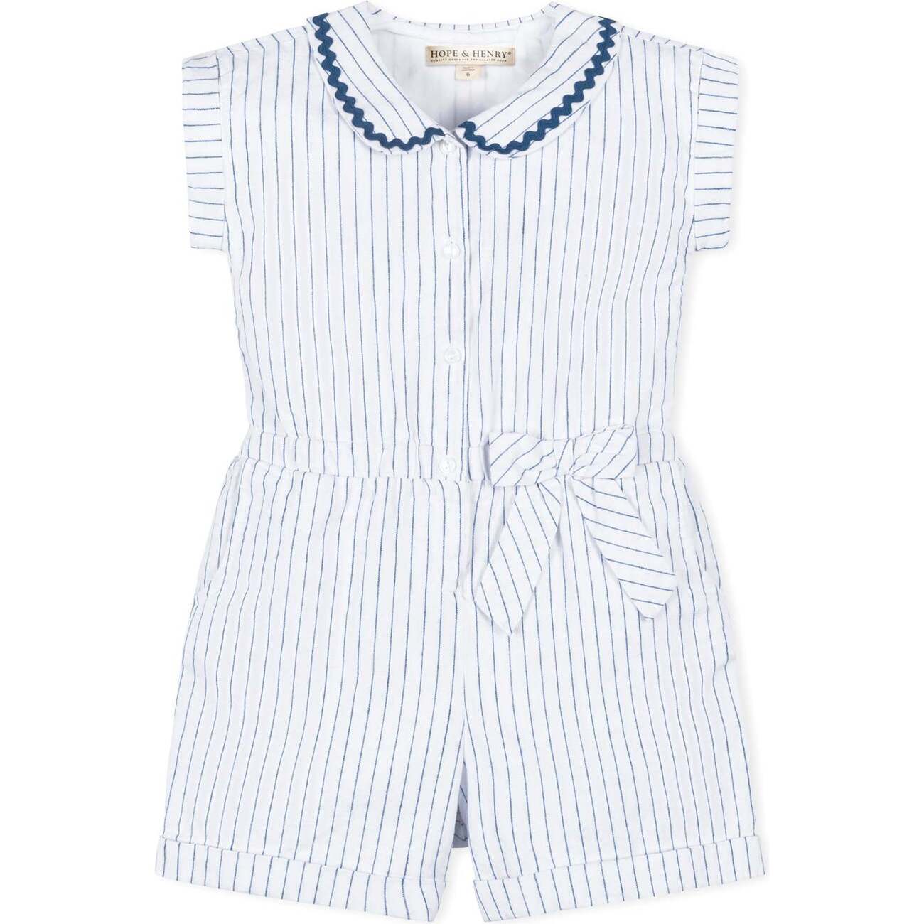 Linen Peter Pan Collar Button Front Romper, White Court Pinstripe