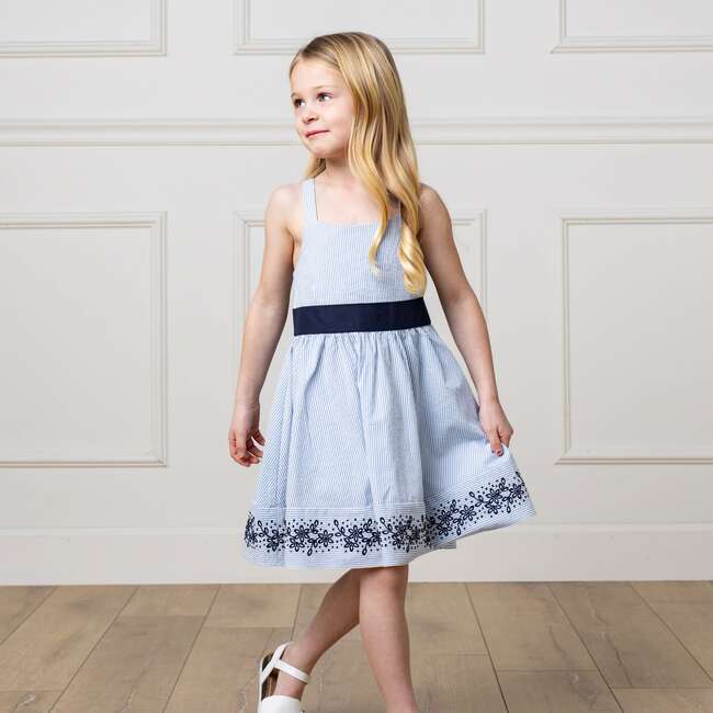 Organic Sleeveless Special Occasion Sundress with Bow Back Detail and Embroidery, Blue Seersucker - Dresses - 3