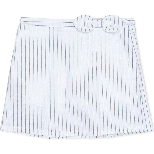 Linen Pull-On Pleated Bow Skort, White Court Pinstripe - Skirts - 1