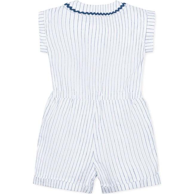 Linen Peter Pan Collar Button Front Romper, White Court Pinstripe - Rompers - 2