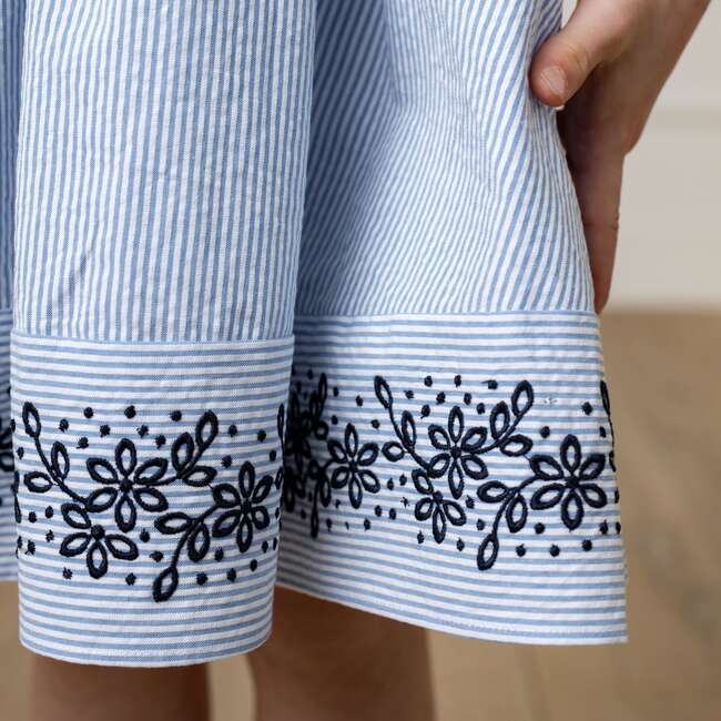 Organic Sleeveless Special Occasion Sundress with Bow Back Detail and Embroidery, Blue Seersucker - Dresses - 4