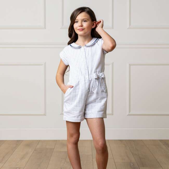 Linen Peter Pan Collar Button Front Romper, White Court Pinstripe - Rompers - 3