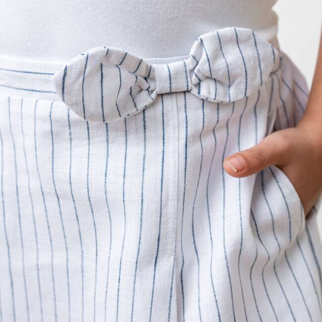 Linen Pull-On Pleated Bow Skort, White Court Pinstripe - Skirts - 4