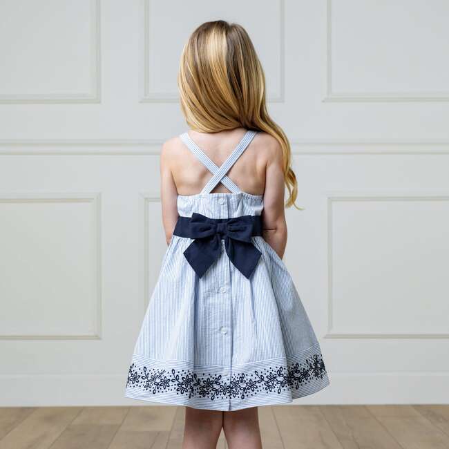 Organic Sleeveless Special Occasion Sundress with Bow Back Detail and Embroidery, Blue Seersucker - Dresses - 5
