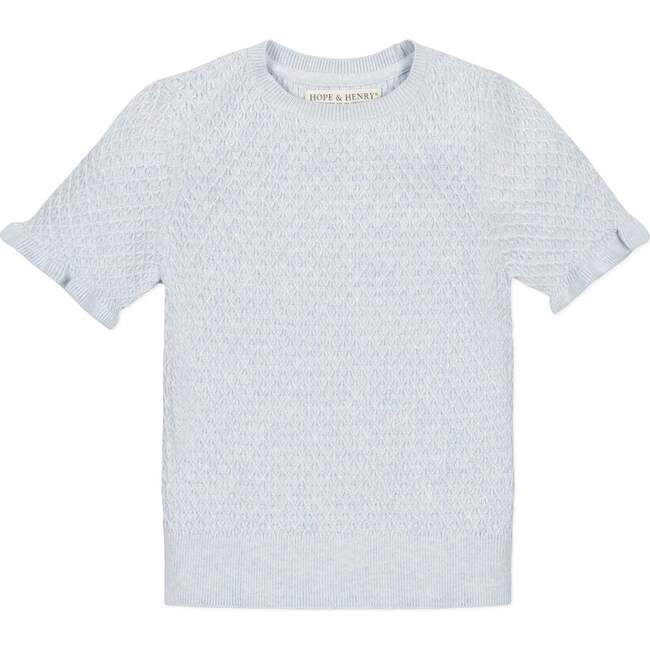 Organic Short Sleeve Ruffle Edge Sweater Knit Top, Light Blue Heather Diamond - Sweaters - 1