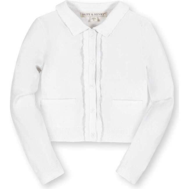 Organic Long Sleeve Scallop Detail Cardigan Sweater, White Scallop Edge - Sweaters - 1