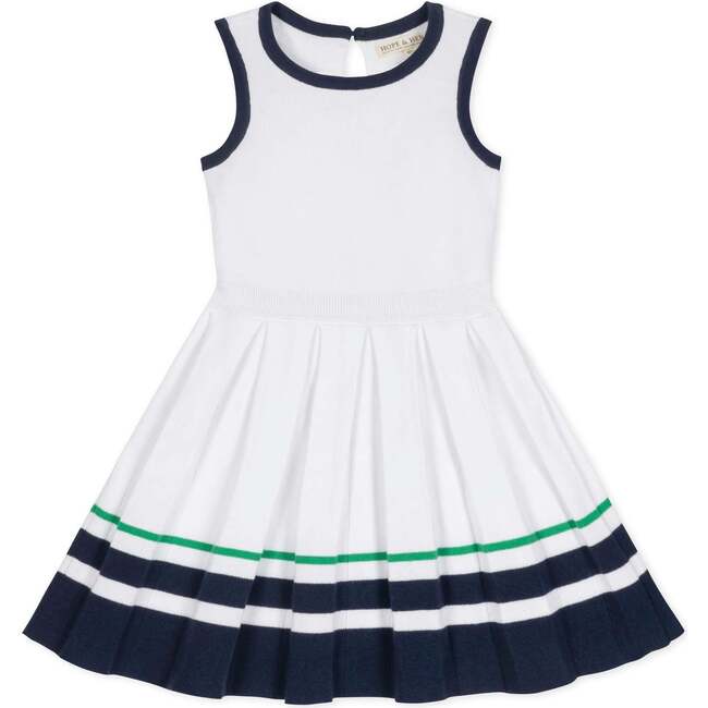 Organic Sleeveless Tennis Sweater Dress, White with Navy and Green - Dresses - 1