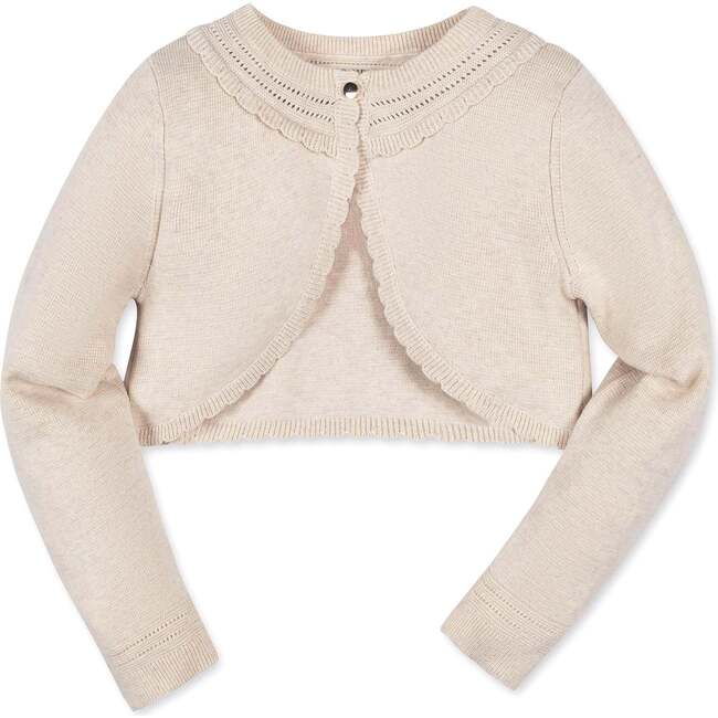 Organic Cropped Special Detail Sweater Cardigan, Light Oatmeal Scallop - Sweaters - 1