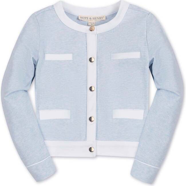Organic French Terry Contrast Trim Cardigan, Light Blue Heather - Sweaters - 1