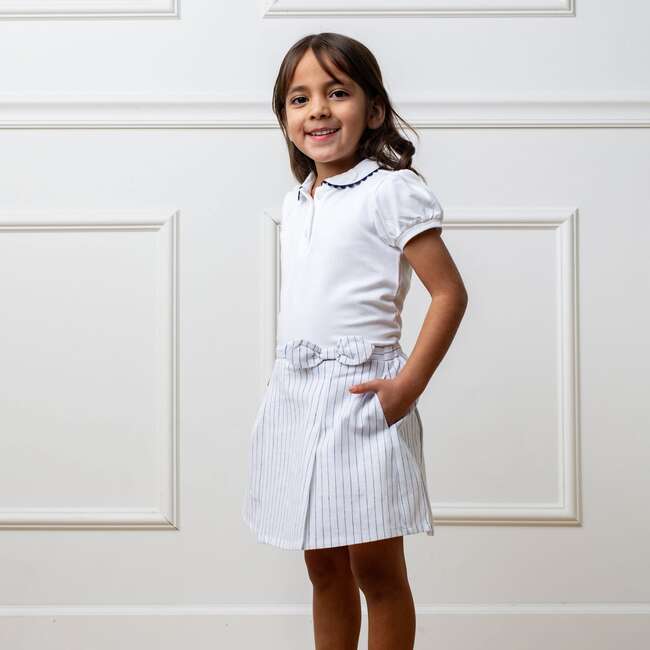 Organic Puff Sleeve Jersey Knit Polo, White with Navy - Polo Shirts - 3