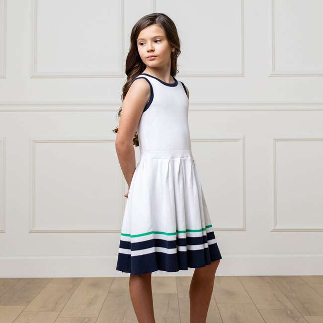 Organic Sleeveless Tennis Sweater Dress, White with Navy and Green - Dresses - 3