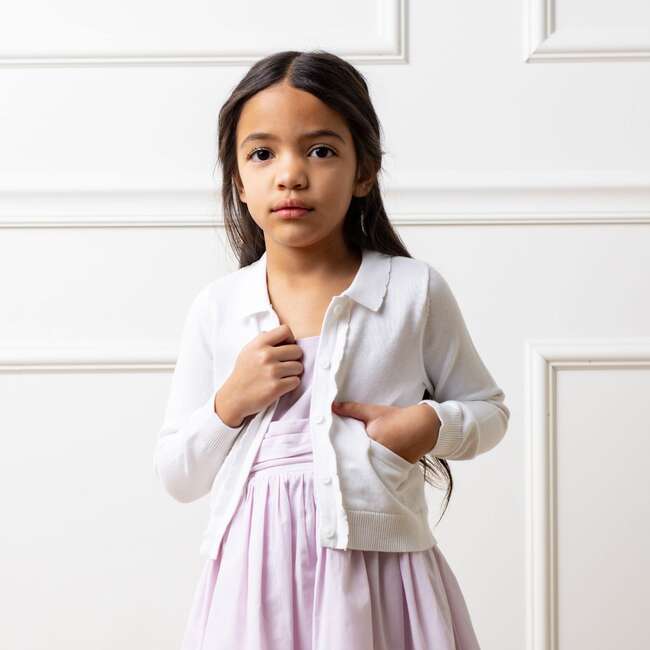 Organic Long Sleeve Scallop Detail Cardigan Sweater, White Scallop Edge - Sweaters - 3