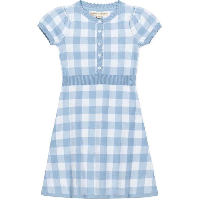 Organic Short Sleeve Button Front Sweater Dress, Classic Blue Gingham - Dresses - 1