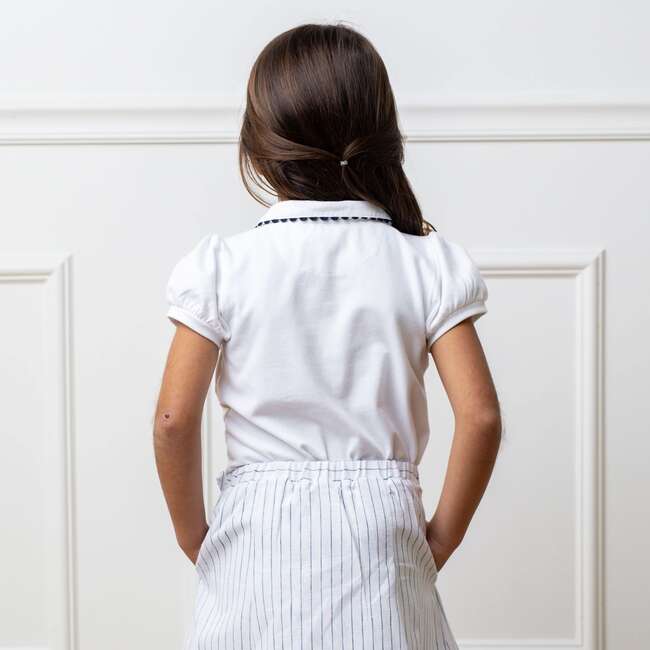 Organic Puff Sleeve Jersey Knit Polo, White with Navy - Polo Shirts - 5