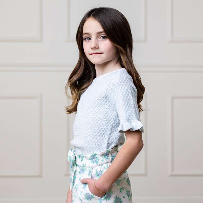 Organic Short Sleeve Ruffle Edge Sweater Knit Top, Light Blue Heather Diamond - Sweaters - 4